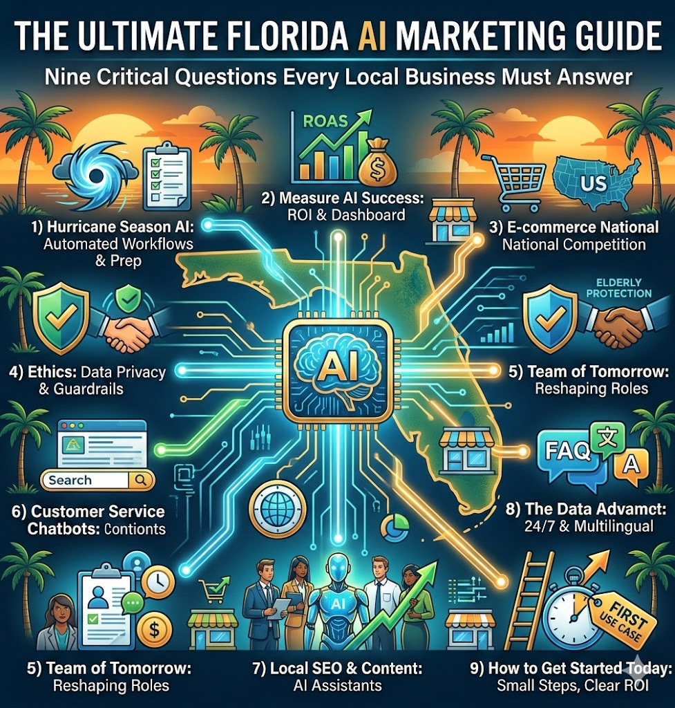 "The Ultimate Florida AI Marketing Guide" featuring a map of Florida and circuit board graphics. It outlines 9 critical questions for local businesses, covering topics like hurricane season AI, measuring ROI, e-commerce competition, ethics, chatbots, local SEO, and multilingual data advantages.